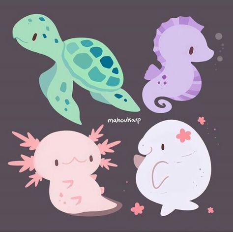 Chibi turtle, seahorse, manatee, axolotl by Mahoukarp Animals Aesthetic, Animals Drawing, Drawing Aesthetic, Underwater Animals, Drawing Animals, Water Animals, Animal Drawing, Sea Animal, Kawaii Animals