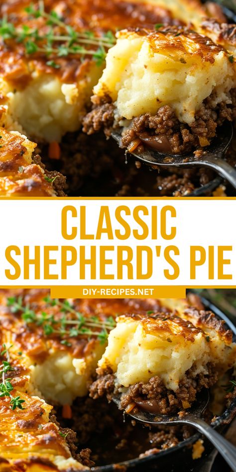 Enjoy a classic Shepherd's Pie with this easy recipe. Flavorful meat filling topped with creamy mashed potatoes, perfect for a cozy meal! Shepherds Pie With Ground Lamb, Shepards Pie With Cream Corn, Homemade Shepards Pie, Shepherds Pie Recipe With Fresh Veggies, Fall Shepherds Pie, Shepherds Pie Mashed Potatoes, Beef Sheppard’s Pie, Homemade Sheppard Pie, Meals With Mash Potatoes