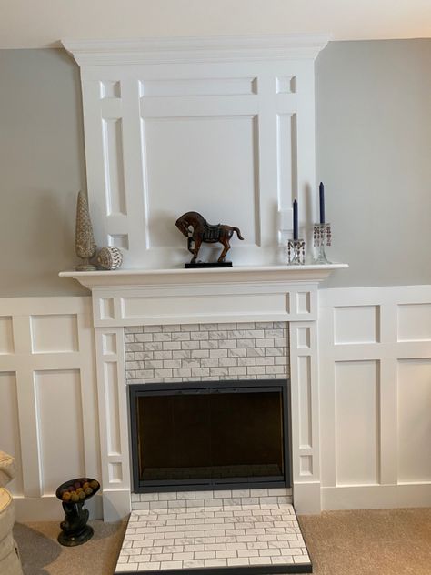 Board And Batten With Fireplace, White Board And Batten Fireplace, Fireplace With Board And Batten, Board And Batten Above Fireplace, Fireplace With Trim, Board And Batten Fireplace Wall, Board And Batten Fireplace, Fireplace Accent Walls, White Mantle