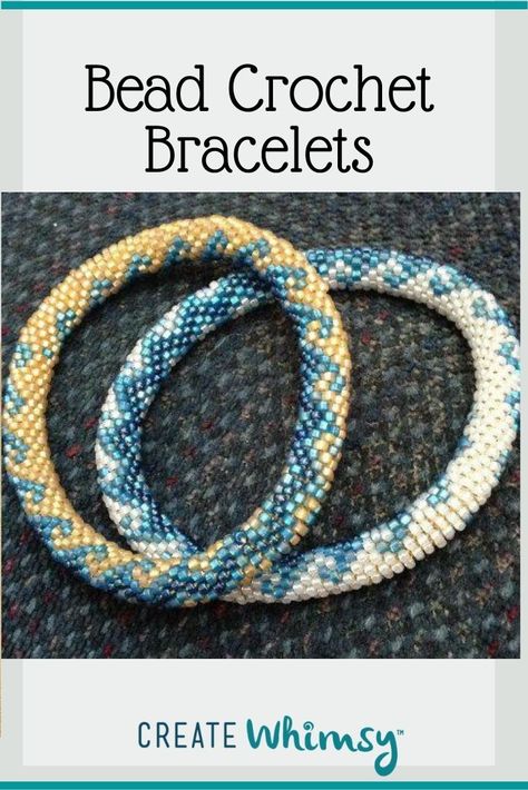 Bead Crochet Bracelets - Create Whimsy | Seed Bead Project Crochet Glass Bead Bracelet, Crocheted Beaded Bracelets Diy, Round Seed Bead Bracelet Diy, Seed Bead Rope Bracelets, Seed Bead Bangle Tutorial, Seed Bead Bangle, Seed Bead Crochet Bracelets Patterns, Crocheted Bracelets With Beads, Beaded Crochet Bracelets Tutorial