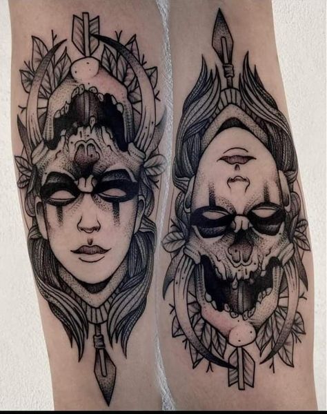 Flip Face Tattoo Design, Double Head Tattoo, Dual Personality Tattoo, Dual Face Tattoo, Flip Face Tattoo, Double Face Tattoo, Shogun Tattoo, Satanic Tattoos, Ambigram Tattoo