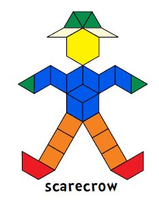 Image from http://raebear.net/goodies/patternblocks/scarecrow.gif. Pattern Block Printables, Pattern Block Mats, Pattern Blocks Activities, Pattern Block Templates, Tangram Patterns, Math Patterns, Prek Math, Fall Kindergarten, Fall Designs