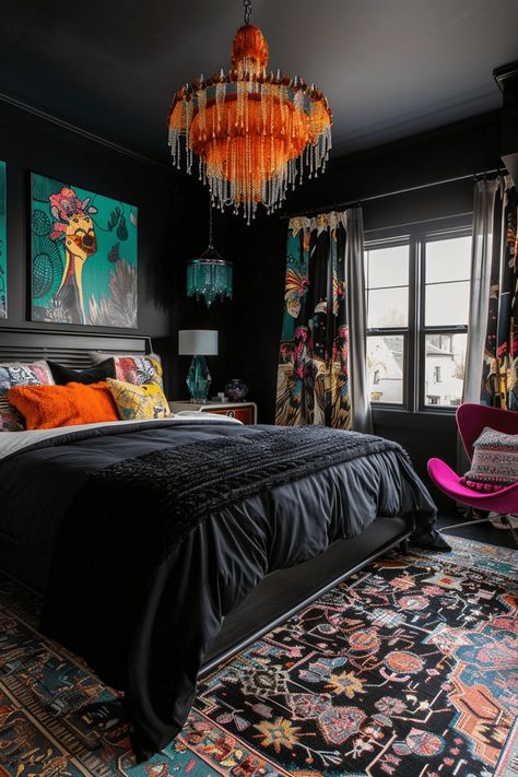 29 Black Boho Bedroom Ideas 21 Sophisticated Bedroom Women, Dark Boho Bedroom, Whimsical Bedroom, Boho Bedroom Design, Feminine Bedroom, Boho Style Bedroom, Modern Bedroom Interior, Serene Bedroom, Eclectic Bedroom