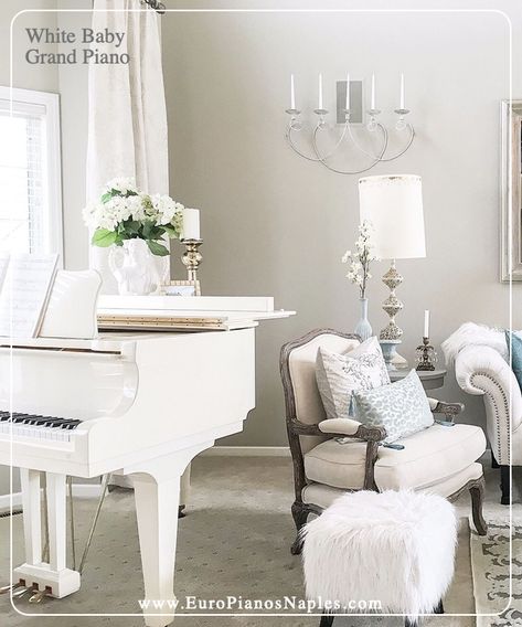 A white Baby Grand piano is the perfect finishing touch to this classic interior look. Baby Grand Piano In Living Room, Small Piano Room, Grand Piano Decor, Piano Nook, White Grand Piano, Grand Piano Room, Living Room Music, Character Chart, Piano Store