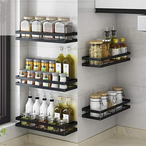 YunNasi Spice Rack Wall Mounted Black 1 Tier Hanging Spice Organizer Metal Bathroom Shelf Shower Organiser Storage Ideal Storage Unit for Kitchen Pantry and Bathroom, (Matte Black, 20cm) : Amazon.co.uk: Home & Kitchen Kitchen Organization Wall, Metal Bathroom Shelf, Organiser Cucina, Wall Mounted Spice Rack, Wall Storage Shelves, Kitchen Wall Shelves, Seasoning Rack, Spice Shelf, Metal Bathroom