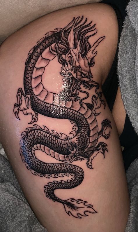 #dragon #tattoo #thightattoo #blackandwhite #asstattoo #chinesedragon Full Leg Dragon Tattoos Women, Shaded Dragon Tattoo, Dragon Tattoo For Women Leg, Dragon Thigh Tattoos Women, Dragon Leg Tattoo For Women, Tattoo Ideas Female Big, Big Dragon Tattoo, Thigh Dragon Tattoo, Dragon Tattoo On Thigh