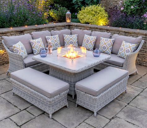 With its cosy cushioning, tactile table top and fancy firepit, this Ridgemoor 9 Seater Rattan Effect Corner Sofa Set will spark up any garden gathering. Designed for warmth as well as wow-factor, the fire lets you create an intimate ambience that all your guests will enjoy. Plus a handy infill lid allows you to keep your entertaining options open. Casual Dining Table, Rattan Corner Sofa, Backyard Furniture, Corner Sofa Set, Garden Sofa Set, Rattan Garden Furniture, Garden Dining Set, Gas Fire, Garden Furniture Sets