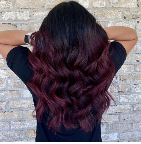 Dark Maroon Balayage, Dark Burgundy Balayage On Black Hair, Dark Cherry Red Balayage Hair, Maroon Balayage Brunettes, Bargandi Hairs, Red Violet Hair Color Balayage, Hair Color Burgundy Highlights, Burgundy Bayalage Hair, Maroon Highlights On Dark Hair