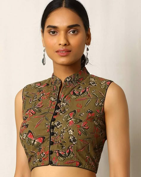 Buy Olive Green Indie Picks Kalamkari Print Sleeveless Cotton Blouse Kalamkari Blouse Designs, Saree Jacket Designs, Sari Blouses, Sleeveless Blouse Designs, Long Blouse Designs, Kalamkari Print, Kalamkari Blouse, Blouse Designs High Neck, Cotton Blouse Design