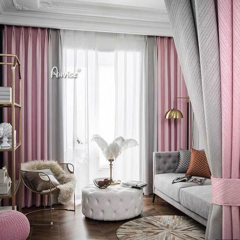 Pink And Blue Living Room Curtains, Blush Pink Curtains Living Room, Curtains Colour Combination, Curtain Colour Combination Living Rooms, Blush Pink And Grey Living Room, Pink Grey And White Living Room, Pink And Grey Living Room Ideas, Curtains With Grey Sofa, Curtain Combination Ideas