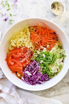 Korean Red Cabbage Slaw, Japanese Slaw Recipe, Korean Slaw, Red Cabbage Coleslaw, Kimchi Slaw, Spicy Slaw, Spicy Cabbage, Cabbage Side Dish, Slaw Salad