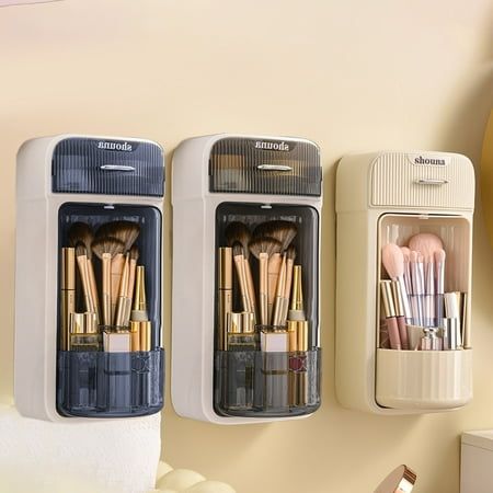 Wall-mounted Organizer Wall-mounted Rotating Organizer Four-compartment Design Drawer Design Feature: Quantity: 1Pcs Colour: Beige Material: Plastic Product size:27.5x13x11cm/10.82x5.11x4.33in Package size:28.5x15.5x12cm/11.02x6.10x4.72in Net weight:630g/1.38lb Gross weight:640g/1.41lb Descrition: EFFICIENT STORAGE: The wall mounted makeup brush organizer is designed with four compartments designed to allow you to neatly organize and store your brushes. The separate compartments easy to categorize different types of brushes. DRAWER DESIGN: With its innovative drawer design, this organizer provides an additional storage solution for smaller items such as lipsticks, eyeliners or other beauty accessories.Say goodbye to frustrating and messy cling film extraction! There is a specially designed Shallow Wall Storage, Cleaning Products Organization, Small Apartment Storage Solutions, Wall Mounted Makeup Organizer, Kitchen Yard, Rotating Organizer, Yard Cleaning, Small Apartment Storage, Design For Bathroom