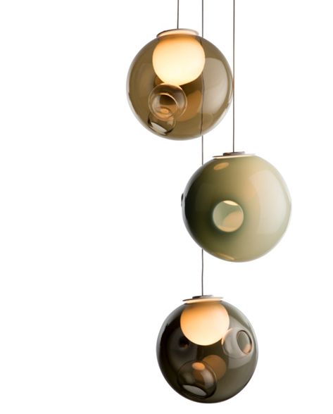 The team at Booci make their gorgeous 28 Series pendants through a complex glass blowing technique that involves varying air pressure and temperature. The resulting pendants have a distorted spherical shape punctured by inner 'satellites,' one of which acts as a shade for the light source. Learn more at LightForm Interior Landscape, Cluster Pendant Lighting, Cluster Lights, White Canopy, Blown Glass Pendant, White Pendant Light, Suspension Light, Glass Diffuser, Diffused Light