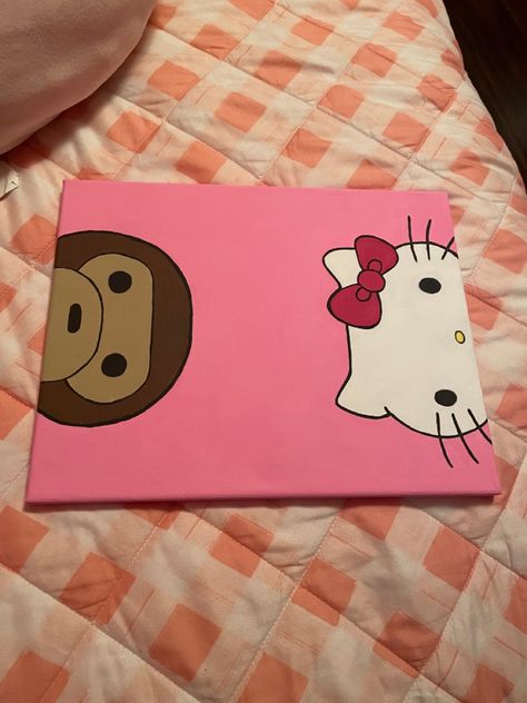 Cute Things To Paint Hello Kitty, Painting Ideas On Canvas Medium, Bape X Hello Kitty Painting, Easy Painting Ideas On Canvas Hello Kitty, Simple Painting Inspo Aesthetic, Painting Ideas Easy Hello Kitty, Things To Paint Hello Kitty, Hello Kitty Canvas Painting Ideas, Simple Stuff To Paint