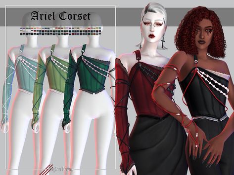 Ariel Corset | Regina Raven on Patreon Sims 4 Green Clothes, Ariel Corset, Sims 4 Cc Corset, Ts4 Medieval, Sims Medieval, Elf Dress, Sims 4 Cas Mods, Medieval Clothes, Pirate Outfit