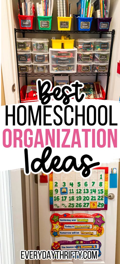 Homeschooling for the first time is tough, especially if you live in a tiny home or apartment. So we’ve put together some of the best homeschool organization ideas for small spaces. Small Office Homeschool Room Combo, Homeschool Craft Organization, Home School Supplies Organization, Homeschool Room Ideas Elementary, Must Have Homeschool Items, Homeschool Classroom Organization, Home School Setup Room Ideas, Small Home School Space, Home School Must Haves