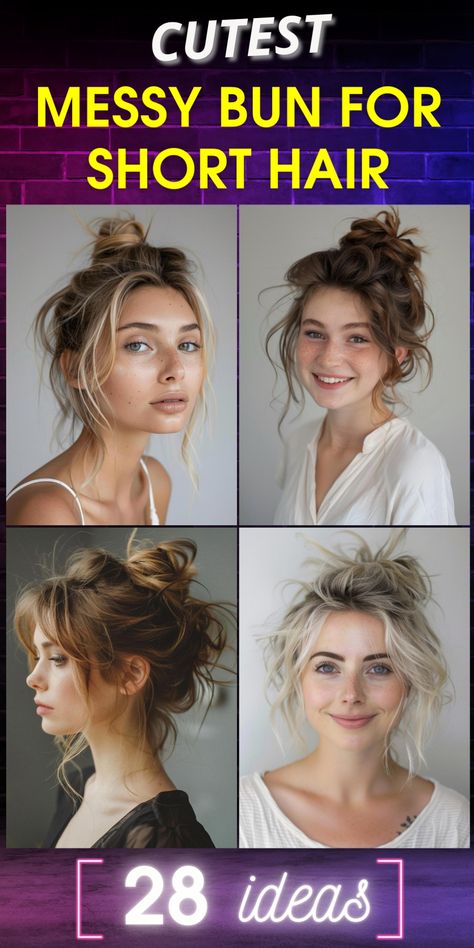 Unlock the secrets of creating the perfect messy bun for short hair. With 29 unique variations, you'll never run out of styling ideas. These effortless updos add a touch of elegance to your everyday look. Master the art of creating texture and volume in your short locks, and discover how a messy bun can transform your appearance. Embrace your hair's natural beauty! Top Knot With Short Hair, Messy Short Hair Updo, Top Of Head Bun, Short Hairstyles For Nurses, Bangs With Messy Bun, Short Hair Buns Messy, Short Hair Messy Updo, Medium Length Messy Bun, Messy Bun Hairstyles For Short Hair