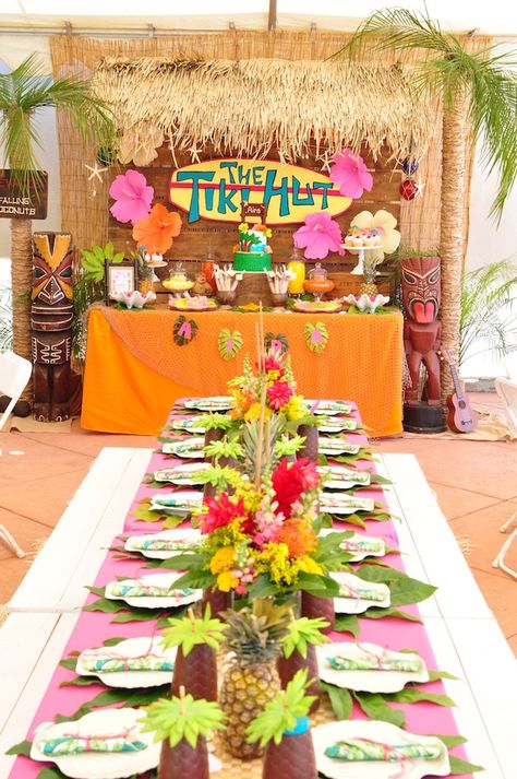 Tiki Hut Luau Party on Kara's Party Ideas | KarasPartyIdeas.com (31) Lu Au Party, Luau Grad Party Ideas, Hawaiian Birthday Party Ideas Decorations, Hawaiian Birthday Decorations, Birthday Hawaiian Theme Ideas, Hawaii Pool Party Ideas, Summer Luau Party Ideas, Laua Party Ideas Hawaiian Luau, Luau Graduation Party Ideas