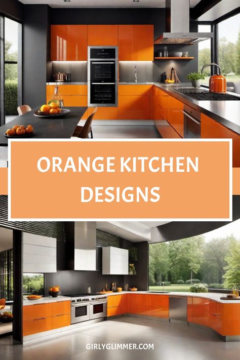 Orange-themed modern kitchen designs with sleek cabinetry and large windows. Kitchen Painting Ideas, Orange Kitchen Designs, Trend Kitchen, Kitchen Color Ideas, Yellow Kitchen Designs, Kitchen Color Schemes, Farmhouse Trim, Kitchen Color Palettes, Best Kitchen Colors