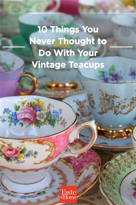 Tea Cup Projects, Tea Cup Decorations, Tea Cup Decor, Tea Cups Diy, Tea Cup Centerpieces, Tea Cup Display, Cup And Saucer Crafts, Tea Cup Art, Tea Display