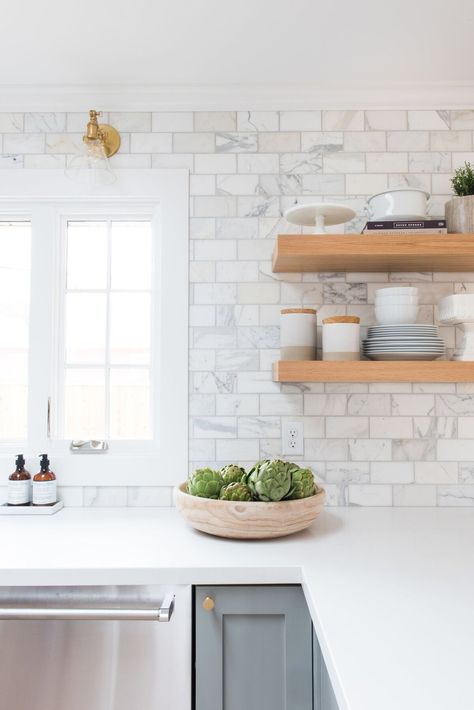 5 Kitchens That Inspire: Counter to ceiling marble subway tile. Modern Farmhouse Kitchen Backsplash, Farmhouse Kitchen Backsplash Ideas, Backsplash Decor, Farmhouse Kitchen Backsplash, Kitchen Ikea, White Kitchen Backsplash, Herringbone Backsplash, Kitchen Backsplash Designs, Revere Pewter