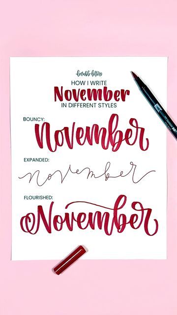 Marcella | Lettering Artist on Instagram: "Here are three different ways to write the word November! Which one is your favorite? 1️⃣ The 1st is a simple and bouncy without any extra frills. This is my standard, natural lettering style. 2️⃣ The 2nd is an expanded version using the bullet tip side of this marker, which I pretty much only use for this style. 3️⃣ The 3rd is a more ornamented version of the bouncy style, with added flourishes to make it a bit more fun. What I Used: - Marker: Tombow Dual Brush Pen - Paper: Astrobrights 28lb Printer Paper - Nails: Impress Manicure #lettering #letteringtutorial #learnlettering #handwriting #calligraphylettering #calligraphy" Lettering Journal Handwriting, November Calligraphy Hand Lettering, November Hand Lettering, November Lettering, Different Ways To Write, November Writing, Paper Nails, Impress Manicure, Write The Word