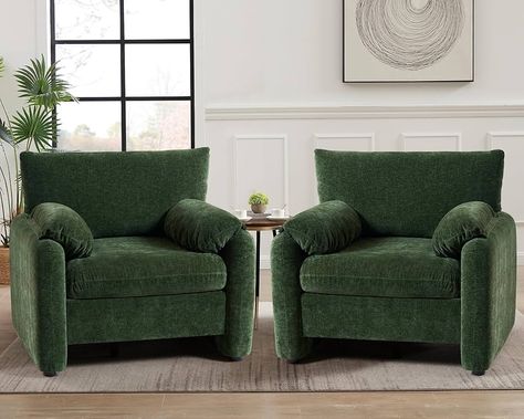 Amazon.com: CDCASA Oversized Accent Chair, Chenille Mid Century Modern Armchair, Comfy Upholstered Seating Reading Single Sofa Chairs for Bedroom Living Room, Set of 2,Green : Home & Kitchen