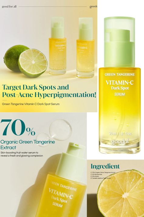 Goodal Vitamin C Dark Spot Serum is packed with a powerful blend of 70% fresh green tangerine extract, 4% niacinamide, and arbutin. Green tangerines are potent in antioxidants and have 10x more vitamin C than lemons. Powered by this fruit, our formula improves dark spots and post-acne hyperpigmentation while tackling the formation of new ones that have yet to surface. Goodal Vitamin C Serum, Goodal Vitamin C, Post Acne Hyperpigmentation, Dark Spot Serum, Acne Hyperpigmentation, Green Tangerine, Best Vitamin C, Cosmetic Bag Set, Beauty Logo Design