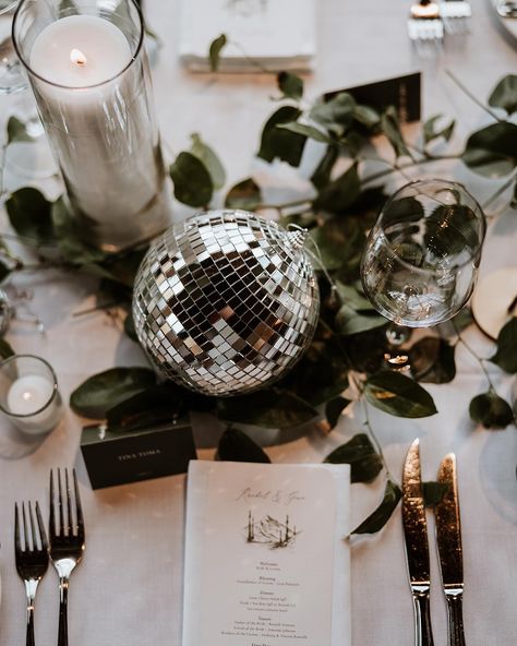 Disco details to die for.🪩🫶🏼 #basecampvisual #exploreyourstory Disco Theme Rehearsal Dinner, Disco Christmas Party Theme, Disco Holiday Party, Disco Nye Party, Disco Ball Table Decor, Disco Centerpieces, Company Christmas Party Ideas, Disco Ball Table, Disco Table