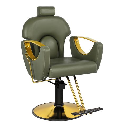 PRICES MAY VARY. FASHION MEETS FUNCTIONALITY: The hollow double metal armrest structure, classic sliver square base paired with a streamlined design and creates a stunning, fashionable barber chair that will make a statement in any barbershop and salons. COMFORT REDEFINED: Our salon chairs are made with he high elastic sponge backrest with breathable PVC leather, meanwhile equipped with a 5-inch thick seat cushion, ensures your clients' comfort during their grooming sessions. The double saddle s Green Salon Chair, Home Barbershop, Green Salon, Reclining Salon Chair, Hair Chair, Stylist Chair, Hair Salon Chairs, Hairdressing Chairs, Salon Styling Chairs