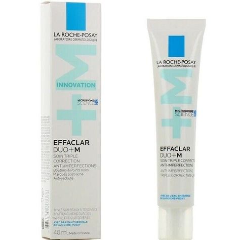 La Roche Posay Effaclar Duo + M 40ml Now with proven effectiveness in 8 hours*. Corrects blemishes, blackheads, and post-acne scars. Anti-relapse** Specially designed for oily, acne-prone skin, in adults and teenagers. From 10 years old. Clinically proven effectiveness on every skin tone: phototypes I-VI. Even in serious imperfections. Hypoallergenic. Does not clog pores. Dermatologically tested. Suitable for sensitive skin. Tested on more than 17000 people. *Clinical study, 54 people, after 1 application. **Clinical study, 100 people, application once a day: maintenance of results of treatment for acne (benzene peroxide), for 3 months after its discontinuation. ACTION AGAINST IMPERFECTIONS & BLACK SPOTS The new active ingredient Phylobioma, with the power of microbiome science, targets C. Effaclar Duo, La Roche Posay Effaclar, Roche Posay, Kids Sunscreen, Antiperspirant Deodorant, Cream Cleanser, La Roche Posay, Gel Moisturizer, Acne Skin