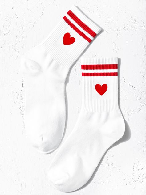 Multicolor  Collar  Fabric Geometric  Embellished   Women Socks & Hosiery Socks Valentine, Valentine Socks, Heart Socks, Women Crew Socks, Bridesmaid Accessories, Women Socks, Striped Socks, Calf Socks, Solid & Striped