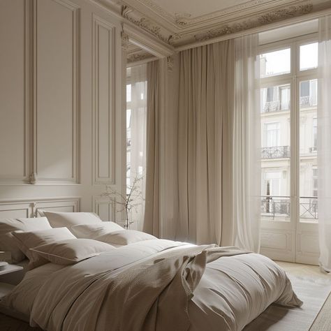 Parisian bedroom featuring a neutral color scheme, with crisp white bedding against a backdrop of light beige walls Vintage Parisian Bedroom, Bedroom Parisian, Modern Parisian Interior, Parisian Chic Interior, Parisian Bedroom Decor, Nyc Bedroom, Parisian Interior Design, Parisian Bedroom, Modern Parisian