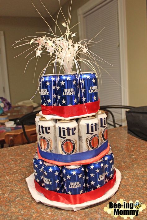 DIY Beer Can Cake Tutorial with pictures of how to set it up Beer Cakes For Men, Beer Cake Tower, Beer Can Cake, Beer Can Cakes, Birthday Beer Cake, Cake Tower, Cake In A Can, Mini Liquor Bottles, Diy Beer