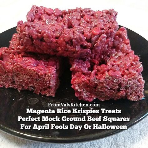 Magenta Rice Krispies Treats Recipe – Perfect Mock Ground Beef Squares For April Fool’s Day Or Halloween - From Val's Kitchen Rice Krispy Meat, Road Kill Rice Krispie, Ground Beef Rice Krispie Halloween, Raw Hamburger Rice Krispies, Red Velvet “raw Meat” Rice Krispies Halloween Treat, Rice Krispies Treats Recipe, Rice Crispy Squares, Fool Recipe, Rice Krispies Recipe