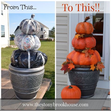 {when I seen this I thought it would be great idea for snowmen.. Santa.. Etc..mb} Cheap Easy DIY Outdoor Pumpkins... how about a giant Easter egg in a basket..mb Diy Halloween Dekoration, Outside Fall Decor, Halloween Decor Diy, Pumpkin Topiary, Adornos Halloween, Fall Deco, Fall Crafts Diy, Halloween Porch, Fall Decorations Porch