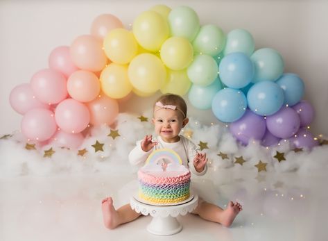 Rainbow Ruffle Cake, Rainbow Smash Cakes, First Cake Smash, Pastel Rainbow Cake, Cake Smash Theme, 1st Birthday Girl Decorations, 1st Birthday Party For Girls, Baby Cake Smash, Smash Cake Girl