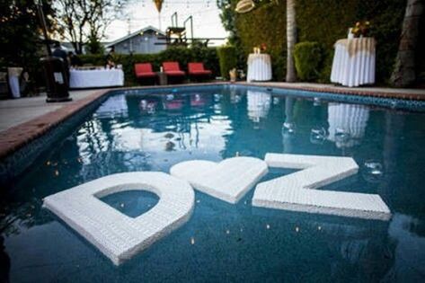 Floating Pool Letters, Pool Wedding Decorations, Wedding Pool Party, Early Spring Wedding, Decor Engagement, Flower Backdrop Wedding, Destination Wedding Decor, Pool Wedding, Pool Party Decorations