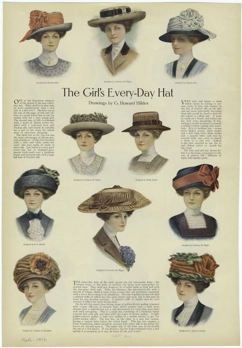 Hats were a key component to women's fashion during the gilded age. They were commonly worn everyday and most women didn't leave the house without one. Moda Medieval, Edwardian Hat, Mode Retro, Ladies Hats, 1910s Fashion, Victorian Hats, Home Journal, Antique Hats, Hat Print