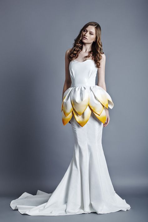 …or try a literal interpretation of a Princess Daisy–inspired dress? | 41 Wedding Dresses Inspired By Nintendo Princesses Jean Louis Sabaji, Flower Dress Art, Celebrity Dresses Red Carpet, Nintendo Princess, Celebrity Inspired Dresses, Taffeta Dress, Fashion Design Sketches, Art Dress, Inspired Dress