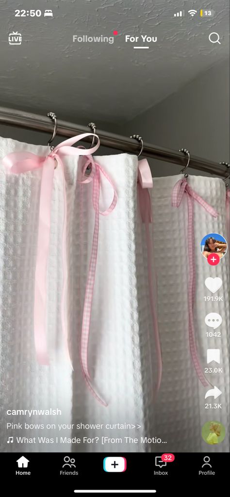 Ribbons On Shower Curtains, Shower Curtain With Ribbon, Ribbon Shower Curtain Hooks, Bow On Shower Curtain, Shower Curtain Ribbon, Ribbon On Shower Curtain, Curtain With Bows, Ribbon Shower Curtain, Bows On Curtains