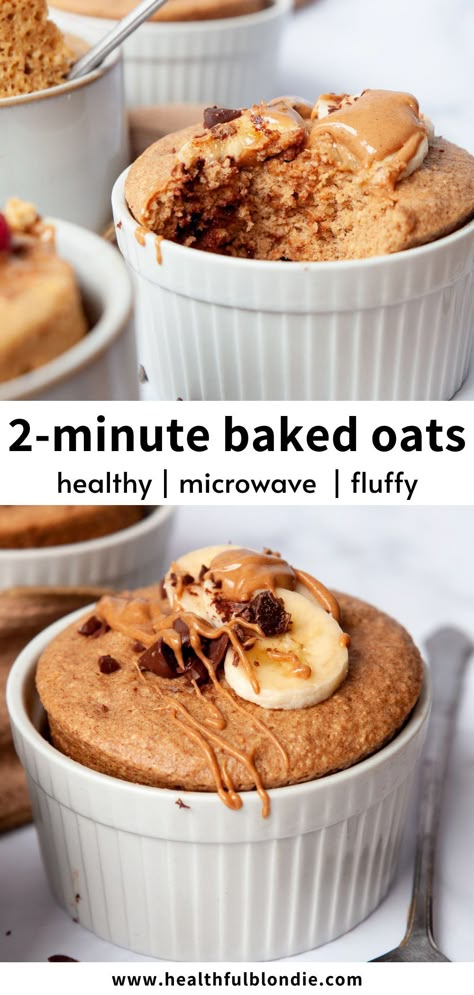 This is the best 2-minute super fluffy microwave baked oats recipe. They are healthy, naturally sweet, moist, and taste like a cake. Add banana slices, chocolate chips, sprinkles, or blueberries for a fun, high-protein breakfast, snack, or dessert! Microwave Baked Oats, Microwave Oatmeal, Blondie Recipes, Baked Oats Recipe, Microwave Breakfast, Oat Flour Recipes, Microwave Baking, Microwave Cake, Protein Baking