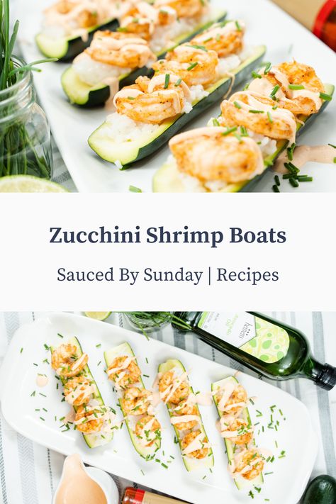 Zucchini Shrimp Boats. The perfect use for all your summer zucchini. Follow me @saucedbysunday, click the link to my website, and search "Zucchini Shrimp Boats" to find the complete recipe. Zucchini Shrimp Boats, Zucchini Boats Shrimp, Shrimp Stuffed Zucchini Boats, Shrimp Zucchini Boats, Zucchini And Shrimp Recipes, Shrimp Boats, Shrimp Zucchini Recipes, Mexican Shrimp Cocktail Recipe, Zucchini Dinner Recipes