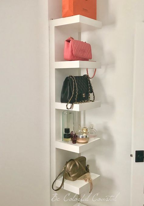 Ikea Lack Shelf Purse, Wall Storage For Purses, Handbag Storage Shelves, Floating Shelves Purse Display, Ikea Purse Storage, Handbag Rack Ideas, Small Space Purse Storage, Handbag Stand Ideas, Ikea Handbag Storage Ideas