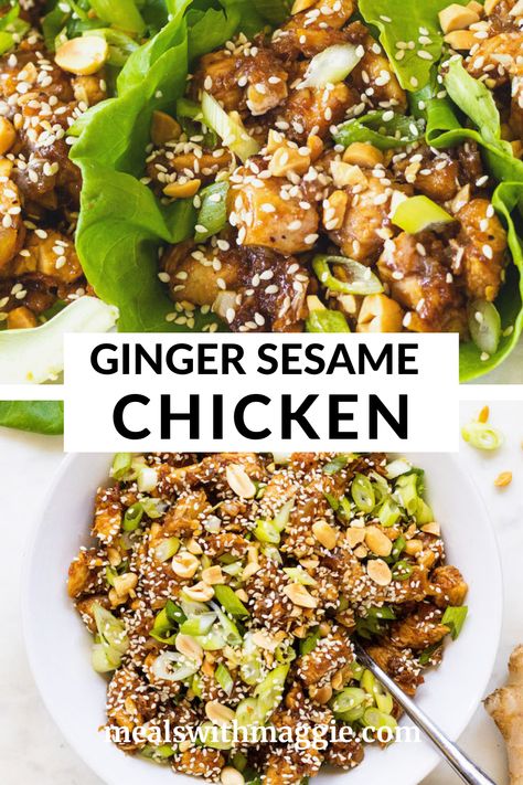 Ginger Chicken Bowl, Ginger Recipes Healthy Dinners, Sesame Rice Bowl, Cauliflower Rice Chicken Stir Fry, Asian Style Meal Prep, Sesame Ginger Chicken Crumbles, Sesame Ginger Chicken Recipe, Sesame Ginger Chicken, Sesame Chicken Sauce