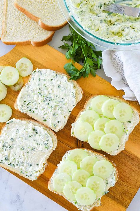 Cucumber Sandwiches are a must have for a tea party, brunch, bridal shower or baby shower. My favorite cucumber sandwich recipe has amazing flavor and is easy and simple to make. Egg Salad Sandwich Tea Party, Easy Tea Party Food Finger Sandwiches, Gluten Free Finger Sandwiches, Mini Sandwich Recipes, Cucumber Sandwich Recipe, Finger Sandwiches For Tea Party, Tea Party Sandwiches Finger Foods, Cumber Sandwiches, Tea Sandwiches Recipes Easy