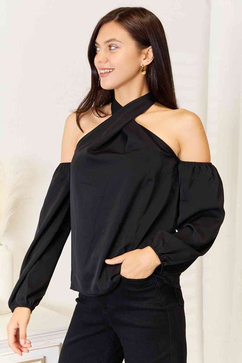 Cold Shoulder Long Sleeve, Cold Shoulder Blouse, Double Take, Basic Style, Blouse Dress, Shop Blouses, Black Blouse, Jumpsuit Dress, Cold Shoulder