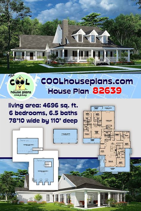 A one of a kind Farmhouse Plan that offers tons of living space, perfect for multigenerational living. This beautiful country house plan features a wrap around porch, a covered porch for the additional living space, and a striking black and white exterior color scheme to complete the amazing curb appeal. A total 6 bedrooms and 6 & a half bathrooms make up a spacious 4696 sq. ft. offering tons of room for your growing family. #COOLhouseplans #FarmhousePlan #Farmhouse #CountryLiving #LuxuryHome Large One Story Farmhouse Plans, House Plan For Family Of 6, Farmhouse 6 Bedroom Floor Plans, Seven Bedroom House Floor Plans, 6 Bdrm House Plans, House Plans 4000 Sq Ft Open Floor, Large Farmhouse Floor Plans, 6-7 Bedroom House Plans, 5 Bedroom Single Story Floor Plans