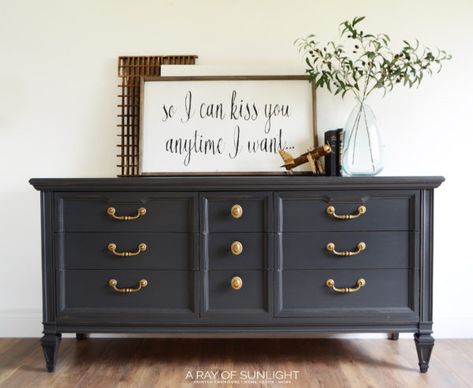 This Dark Grey MCM Dresser with Gold Hardware is the perfect neutral grey for any room in your home. It will be great as a dresser, TV stand, Bathroom Vanity Upcycled Thrift, Upcycled Furniture Before And After, Chalk Paint Dresser, Upcycle Dresser, Before And After Transformation, Grey Dresser, تصميم داخلي فاخر, Upcycled Furniture Diy, Diy Dresser