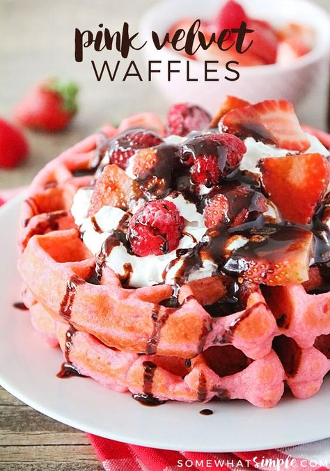 These pink velvet waffles are so fun for Valentine's Day, and so quick and easy to make! Valentine’s Day Pancakes, Valentine Waffles, Valentine’s Day Breakfast, Valentine’s Day Brunch, Valentines Breakfast For Kids, Valentines Day Breakfast Ideas, Waffles With Chocolate, Heart Waffles, Valentine's Breakfast